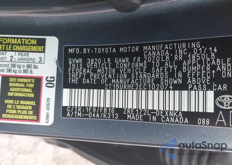 2014 Toyota Corolla Le из США, поврежденный, VIN 2T1BURHE2EC102074